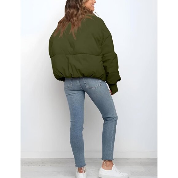 Women Cropped Puffer Jacket Coat Short Warm Quilted Outerwear with Pocket Green - Picture 6 of 7